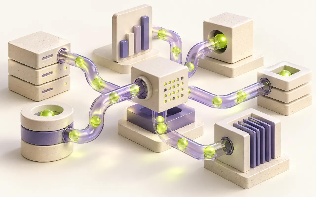 Connected tubes carrying spheres between data blocks.