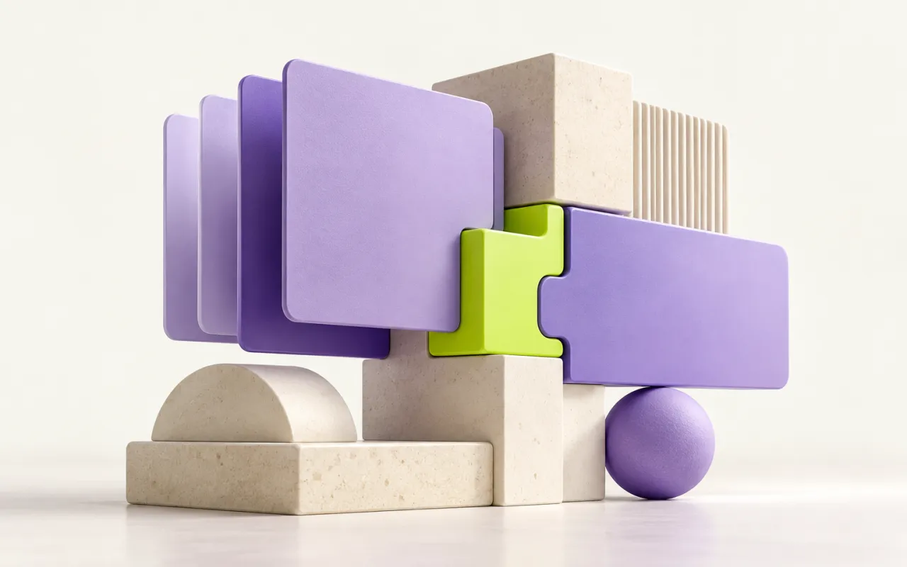 Modular panels joined by a connector, representing structured digital experiences.