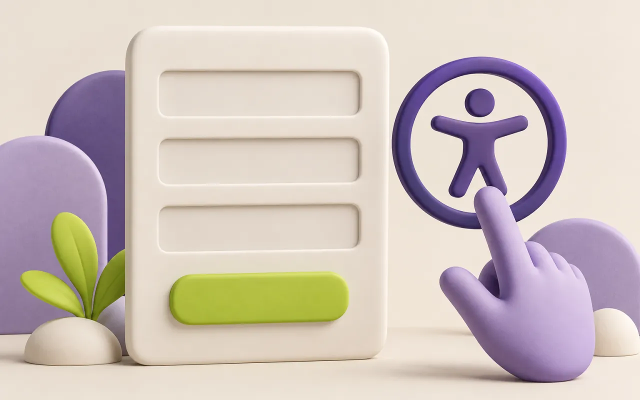 A spacious form panel sits beside an accessibility symbol and a pointing hand.