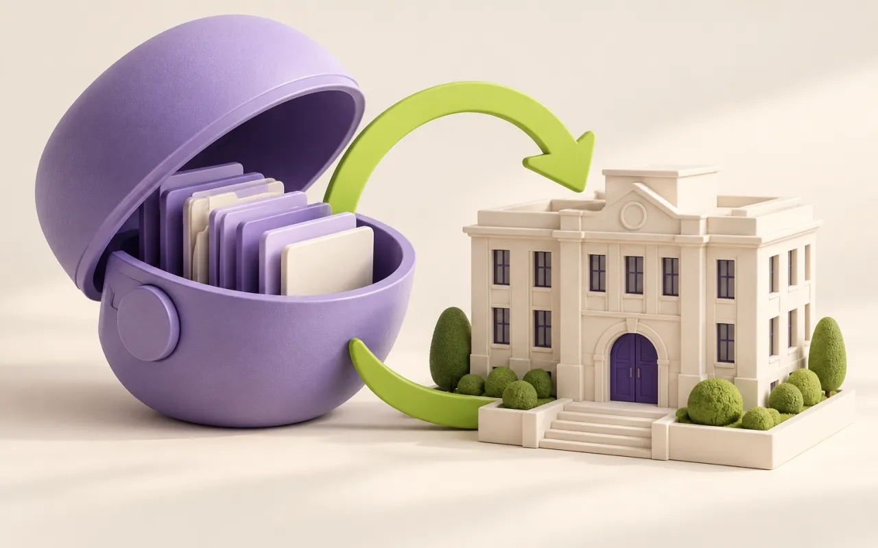 An open archive capsule connects to a restored miniature building.