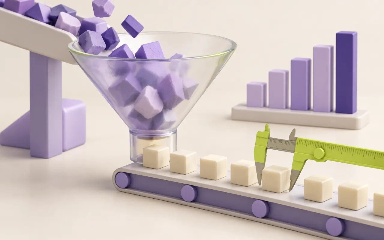 A funnel sorts irregular blocks into uniform cubes for inspection.