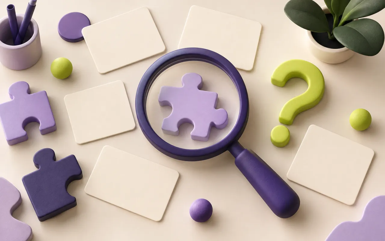 A magnifying glass reveals a puzzle piece among workshop cards and a question mark.