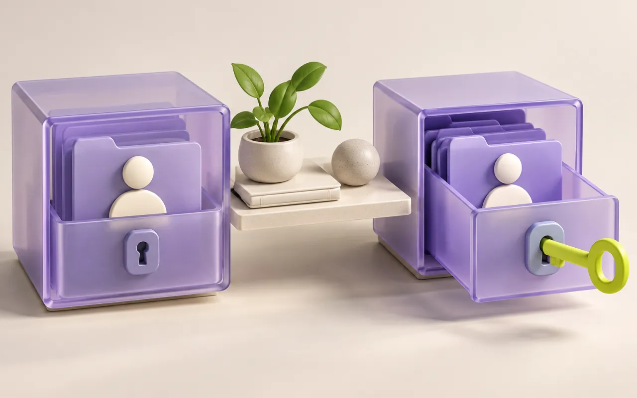Two separate archive drawers hold user profiles, with a key opening one drawer.