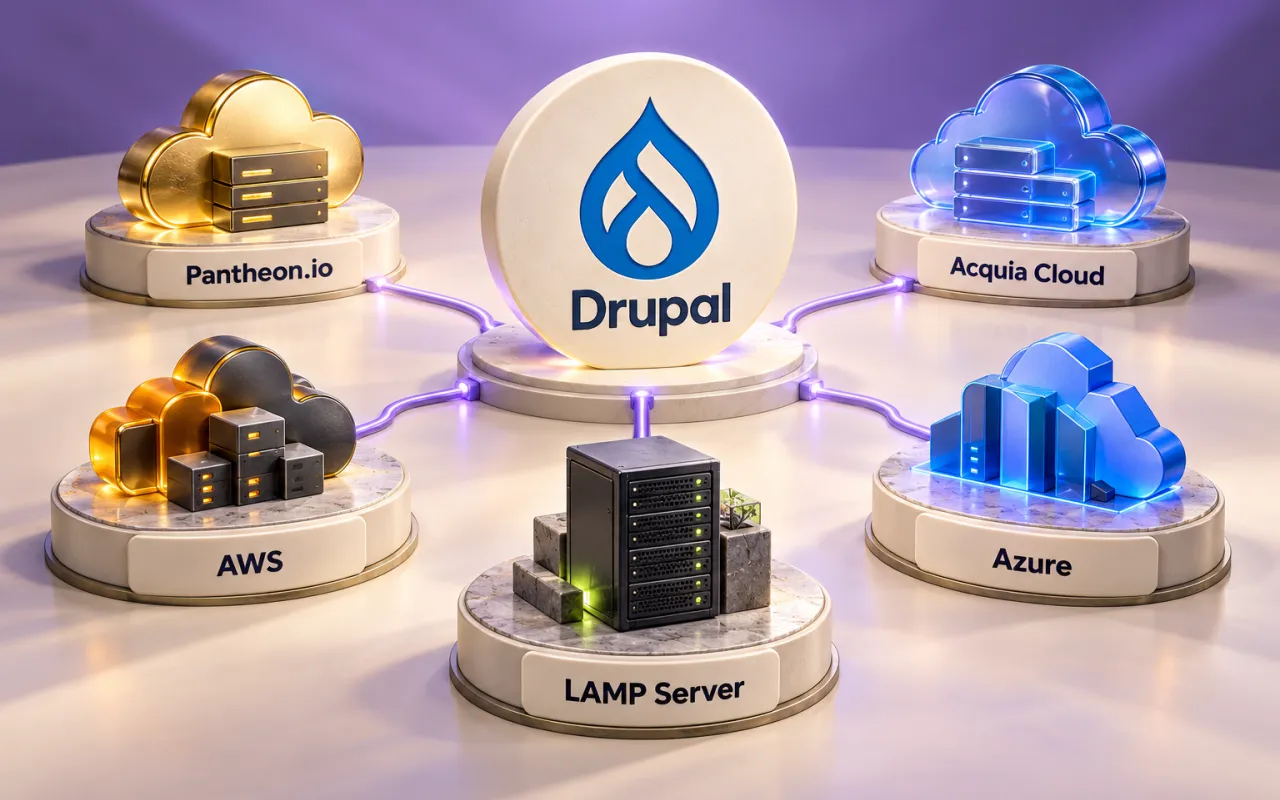 Drupal connected to five labeled hosting options: Pantheon.io, Acquia Cloud, AWS, Azure, and a LAMP server.