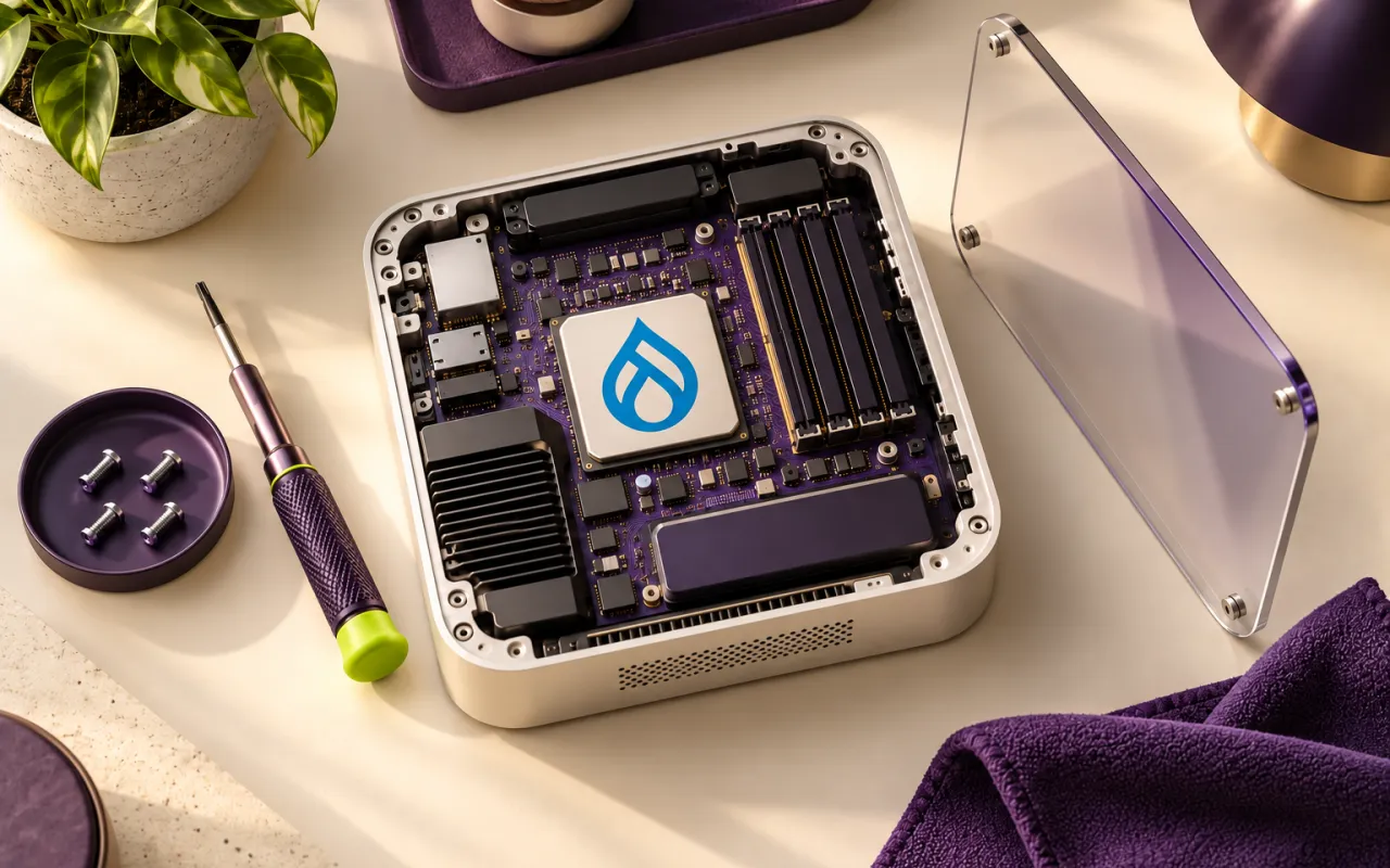 A Drupal-branded processor on an open circuit board beside a screwdriver and a tray of screws.
