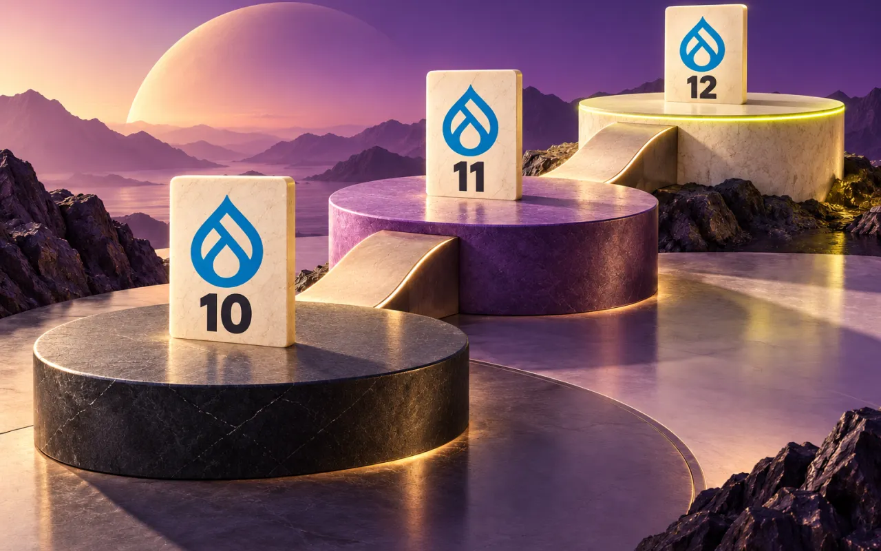 Drupal-logo plaques labelled 10, 11, and 12 stand on three ascending platforms linked by ramps.