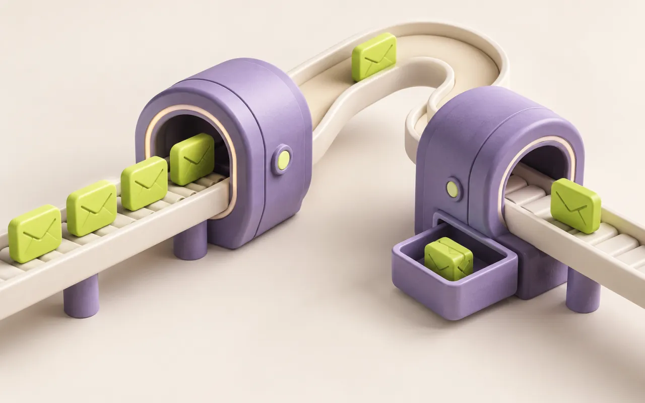 Message tokens pass between connected gateways with a tray for duplicates.