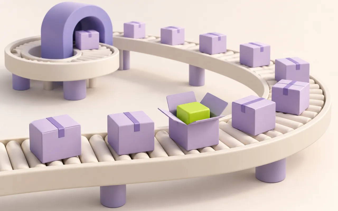 Small parcels travel along a conveyor with a return loop for feedback.