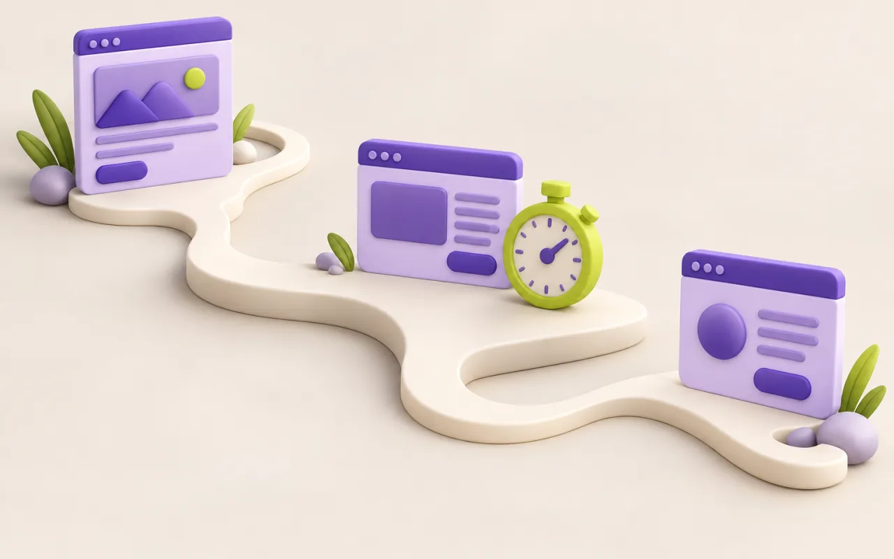 A winding path connects browser frames beside a stopwatch.