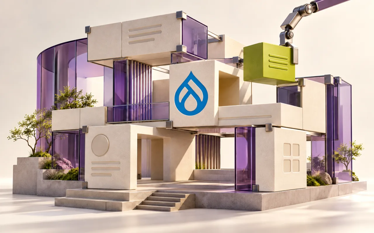 A blue Drupal logo on a modular pavilion built from ivory content blocks and violet glass.