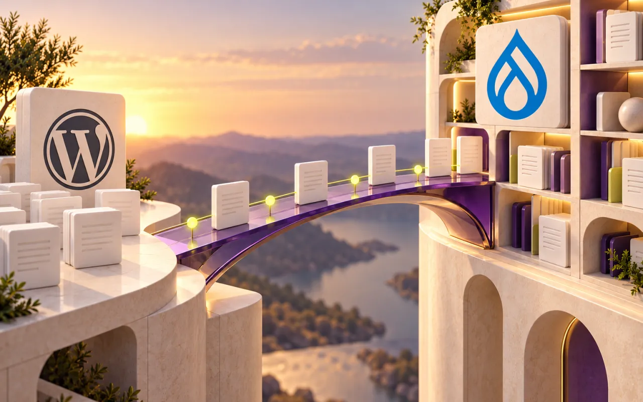 Document tiles cross a bridge from a WordPress-marked platform to a content library bearing the Drupal logo.