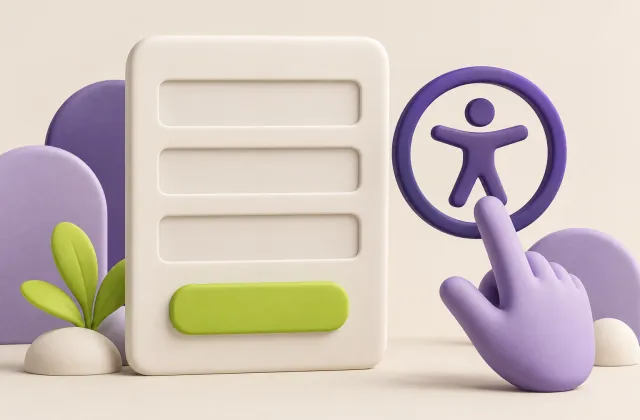 A spacious form panel sits beside an accessibility symbol and a pointing hand.