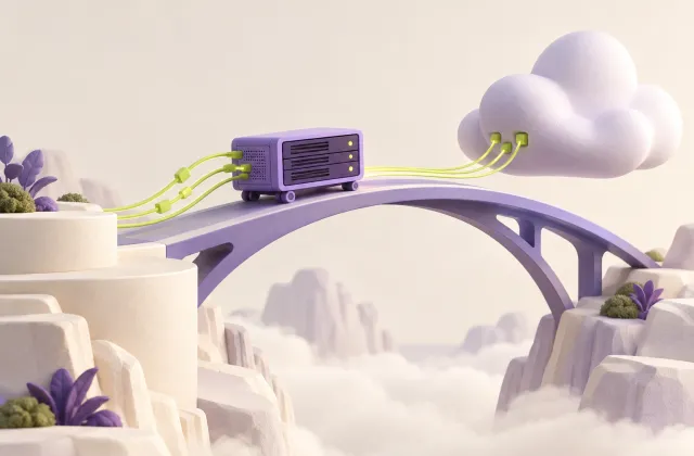 A server module crosses a bridge toward a cloud, carrying its cable connections.