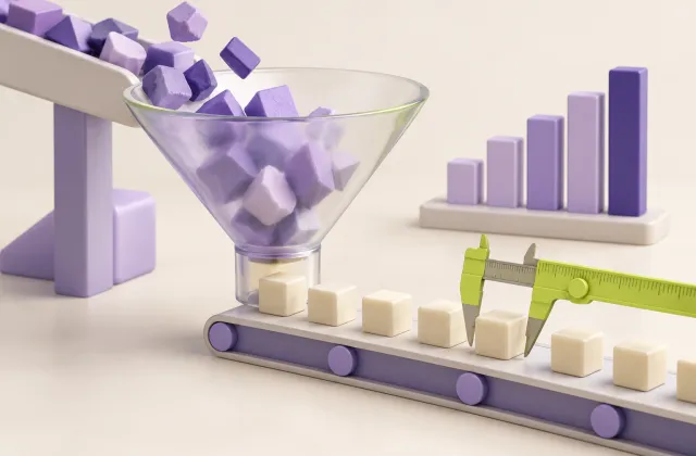 A funnel sorts irregular blocks into uniform cubes for inspection.