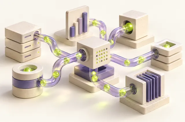 Lime spheres moving through transparent tubes between connected data blocks.