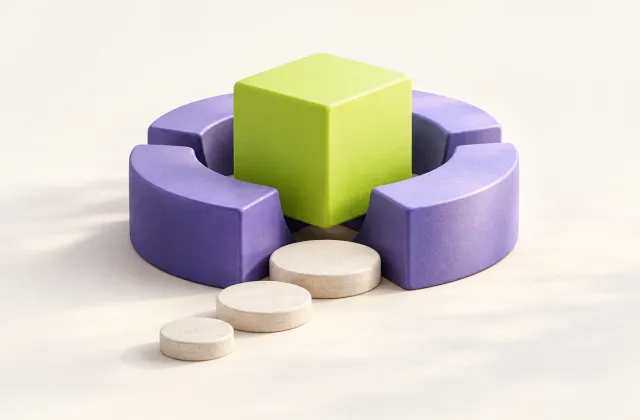 Lavender support segments surrounding a lime cube and cream stepping stones.