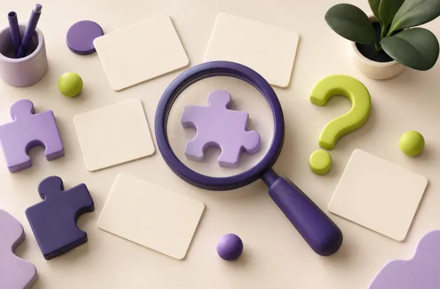 A magnifying glass reveals a puzzle piece among workshop cards and a question mark.