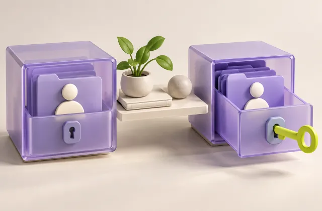 Two separate archive drawers hold user profiles, with a key opening one drawer.
