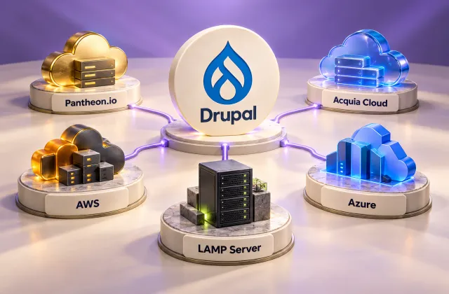 Drupal connected to five labeled hosting options: Pantheon.io, Acquia Cloud, AWS, Azure, and a LAMP server.