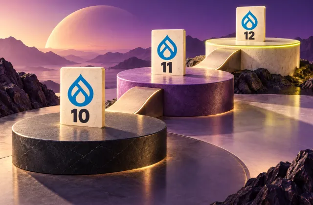 Drupal-logo plaques labelled 10, 11, and 12 stand on three ascending platforms linked by ramps.