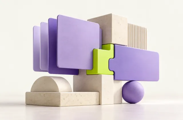 Modular lavender panels and cream blocks joined by a lime connector.