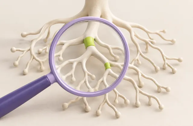 A magnifying glass examines branches of a root-cause tree with repair markers.