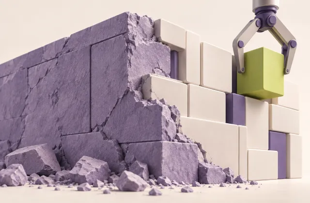 A mechanical gripper replaces part of a lavender wall with a new lime block.