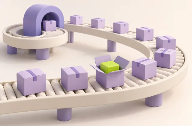 Small parcels travel along a conveyor with a return loop for feedback.
