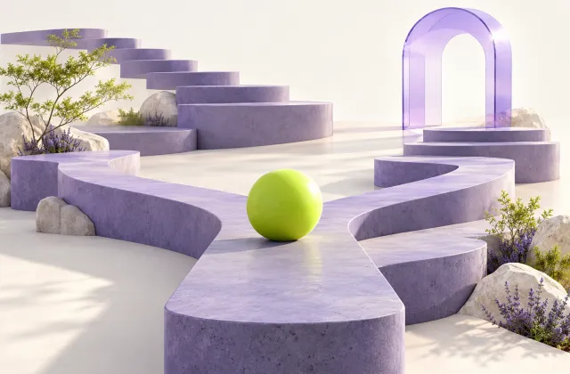 A lime sphere at a branching lavender path leading toward a translucent arch.