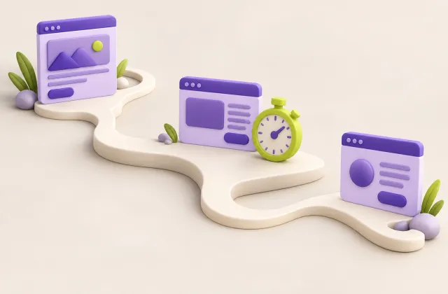 A winding path connects browser frames beside a stopwatch.