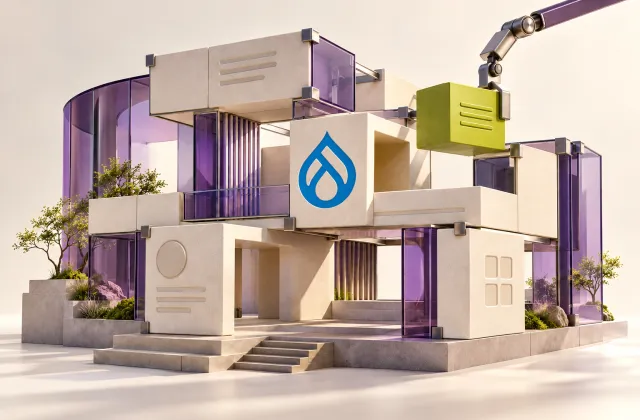 A blue Drupal logo on a modular pavilion built from ivory content blocks and violet glass.