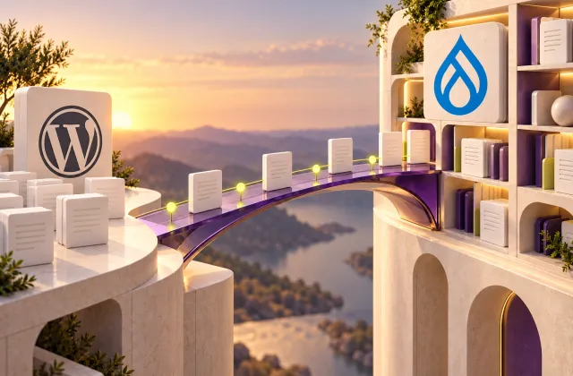 Document tiles cross a bridge from a WordPress-marked platform to a content library bearing the Drupal logo.